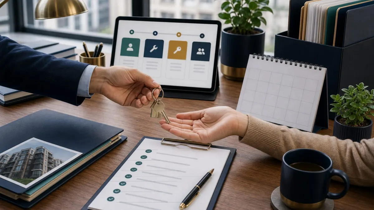 Property manager handing keys to an owner during a process meeting