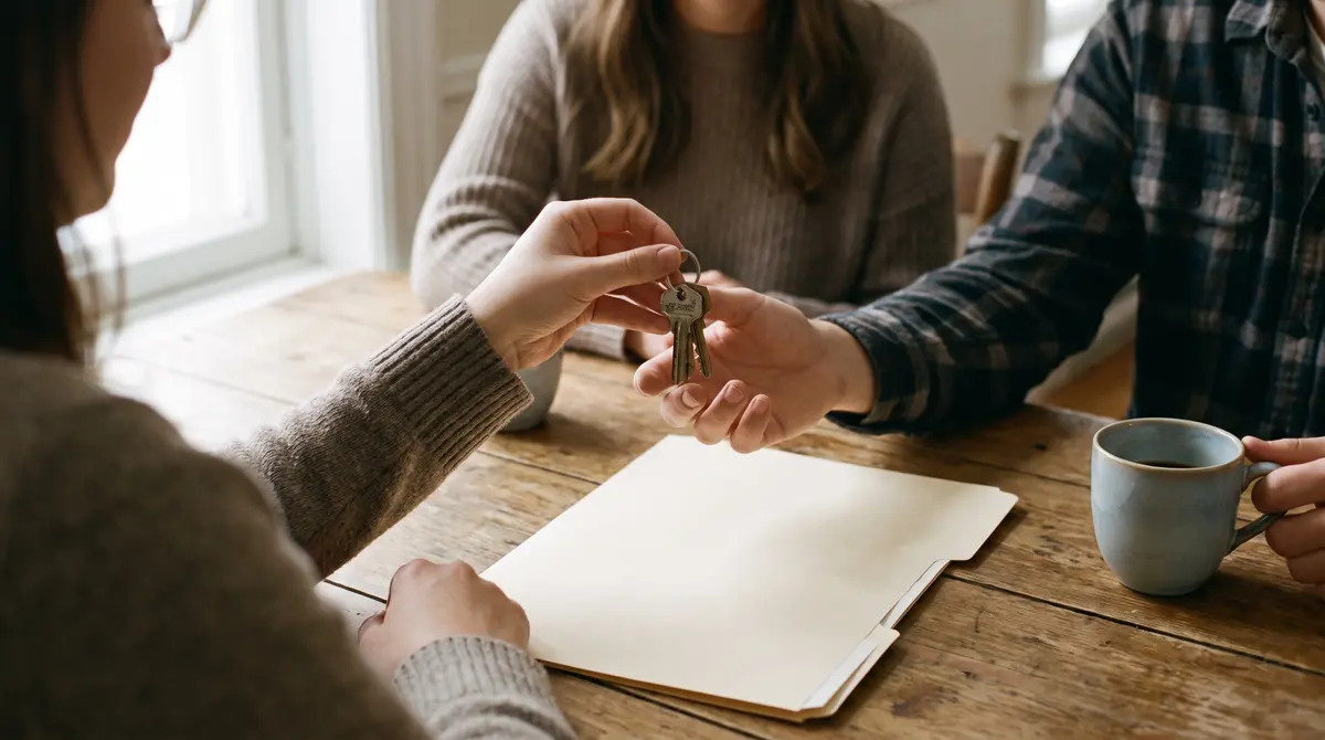 Property manager handing keys to an owner during a process meeting